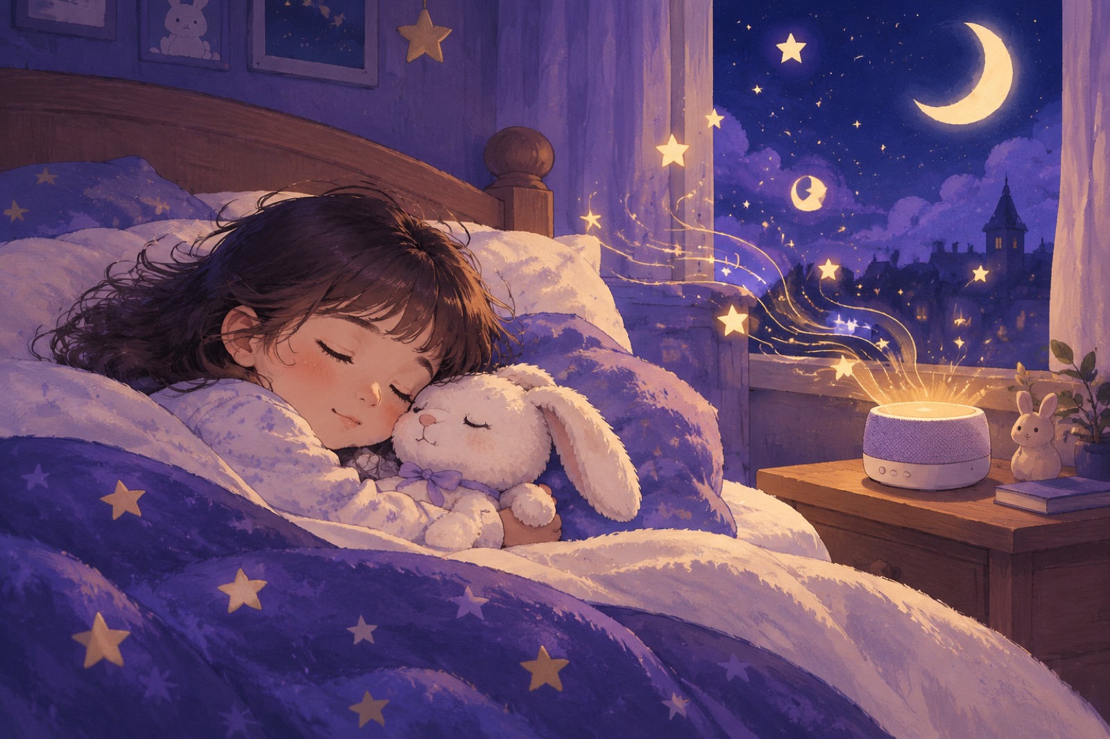 Child listening peacefully to a Lullio bedtime audio story under a dreamy night sky